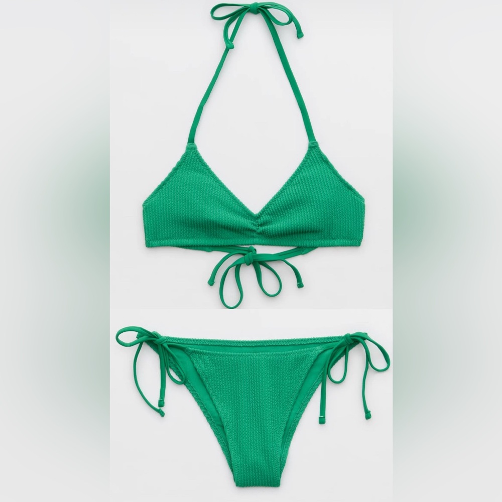 NWT Aerie FULL SET Crinkle Halter Voop Top + Cheekiest Tie Bottom in Green - S